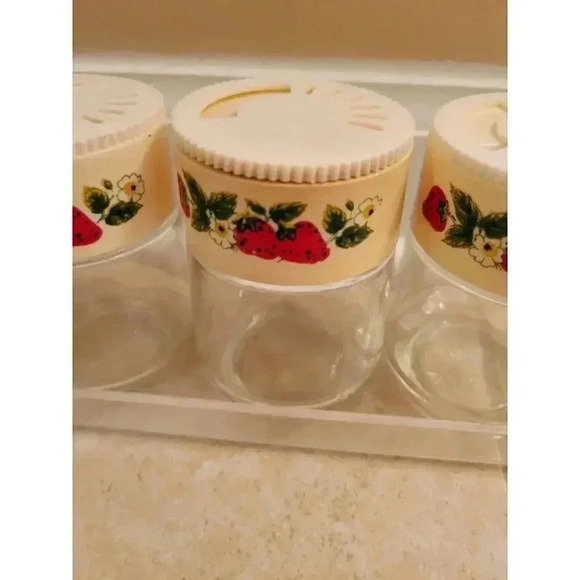 Vintage Gemco Strawberry Blossoms Spice Glass Jars With Rack - Picture 2 of 10